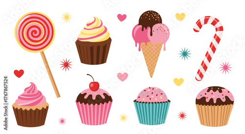 A colorful and delicious collection of sweets and treats on a white background, perfect for dessert lovers and sweet tooth cravings.