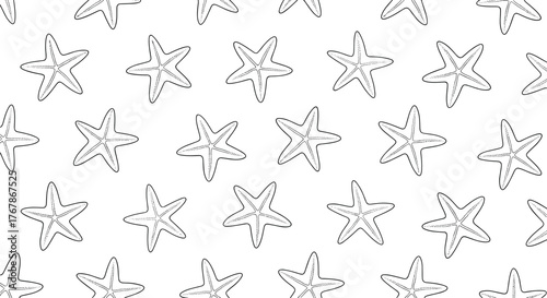 A seamless black and white hand-drawn pattern featuring various starfish, creating a charming and decorative marine-themed background.