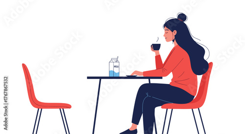 Woman enjoying a warm drink and milk while sitting at a table in a simple graphic style.