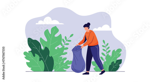 A woman cleaning in nature by picking up trash, showcasing environmental awareness and community service efforts in a stylized illustration.