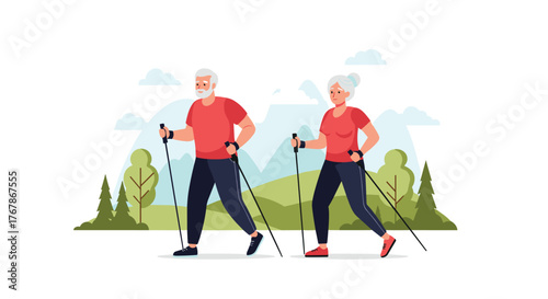 Elderly couple enjoys Nordic walking in a beautiful natural park, staying active and healthy together.