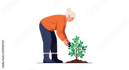 Senior woman in orange sweater planting a tree, promoting green environment and healthy lifestyle, on a white background.