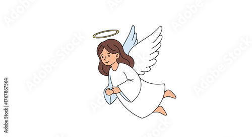 A cartoon illustration of a smiling angel in a white robe with wings and a halo, flying against a white background.