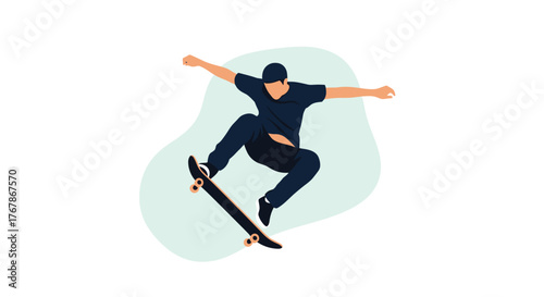 An energetic minimalist illustration featuring a male skateboarder executing an aerial trick, highlighting action and balance in skateboarding.
