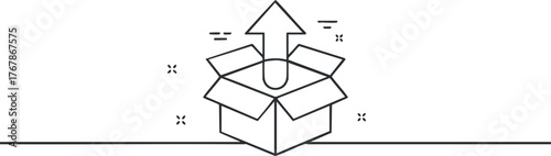 A minimalist illustration depicting an upload symbol with a box and an upward arrow.