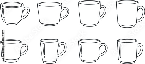A collection of simple line art illustrations of various coffee and tea mugs.