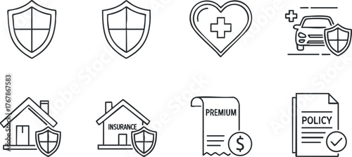 A collection of insurance icons including shields, homes, health and car insurance symbols.