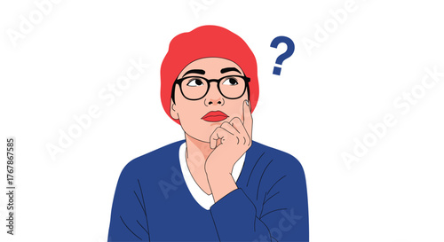 A person wearing glasses and a red hat looks up in thought, with a question mark above their head.
