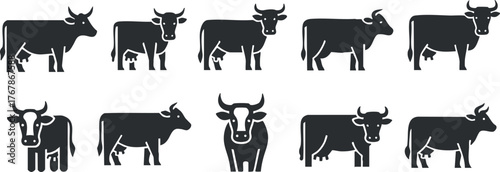 A collection of black silhouettes of cows arranged in a repeated pattern for design.