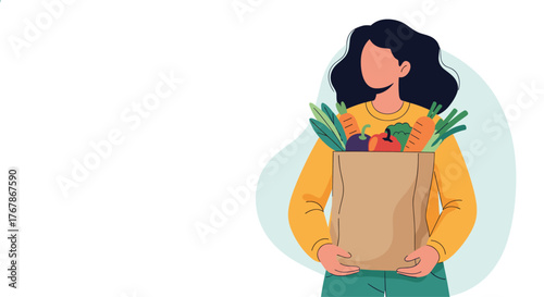 Person holding a grocery bag filled with fresh vegetables and fruits, illustration.