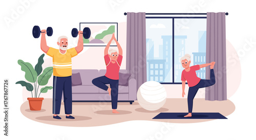 Elderly fitness group at home doing exercise routine, senior people working out together to stay active and healthy in old age.