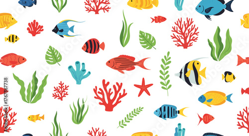 Vibrant coral reef illustration with diverse tropical fish, seaweed, coral, and a starfish against a white background for children's products.