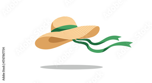 Illustration of a wide-brimmed straw sun hat with a green ribbon blowing in the breeze, creating a light and summery vibe.