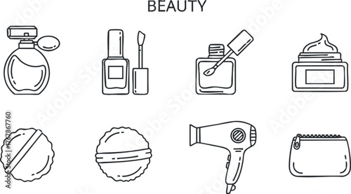 Collection of beauty products including perfume, nail polish, skincare cream, and accessories.