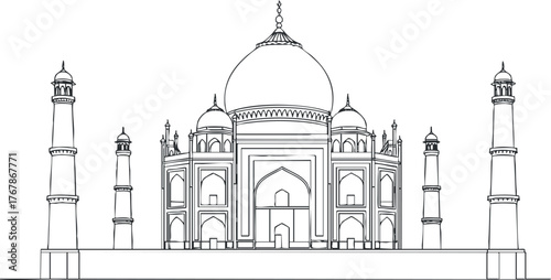 Outline drawing of the iconic Taj Mahal, a symbol of love and architectural beauty in India.