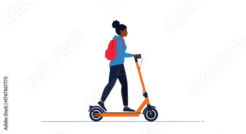 A young Black woman rides an orange electric scooter while wearing a red backpack and a blue jacket.