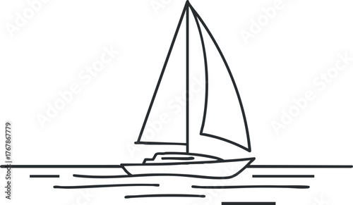 A minimalist line drawing of a sailboat gliding over calm waters in a serene setting.