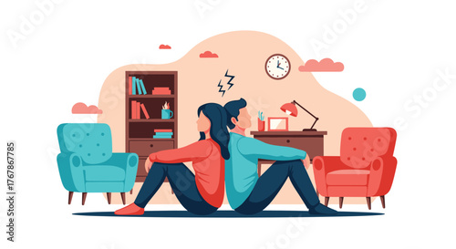 A couple sitting back-to-back, possibly arguing, with furniture in the background, symbolizing conflict and relationship issues.