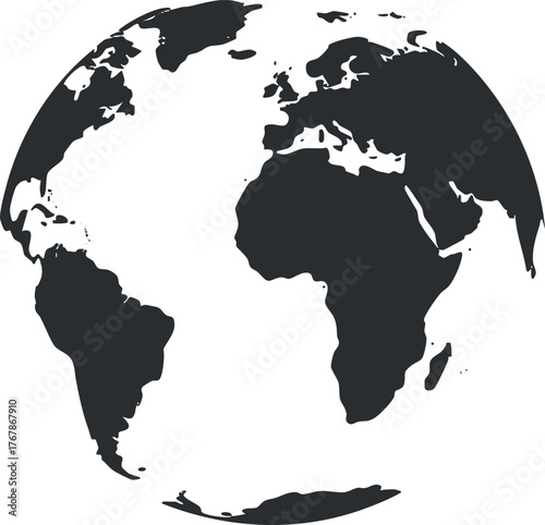 A simple black and white illustration of the Earth globe showing continents and oceans.