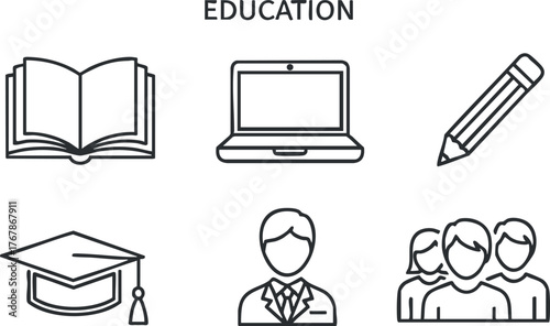 A collection of education-related icons including books, laptop, graduation cap, and students.