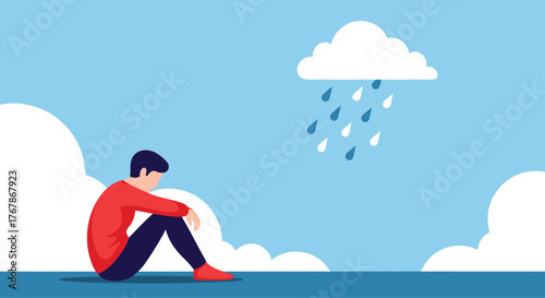 Depressed individual sitting alone under a rain cloud, symbolizing sadness and mental health issues, with sky and clouds background.