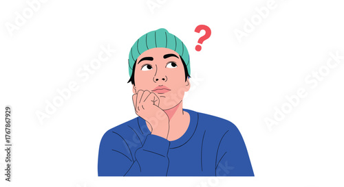 A young person wearing a blue sweater and a teal beanie, with their hand on their chin, looking up thoughtfully with a red question mark above their head.