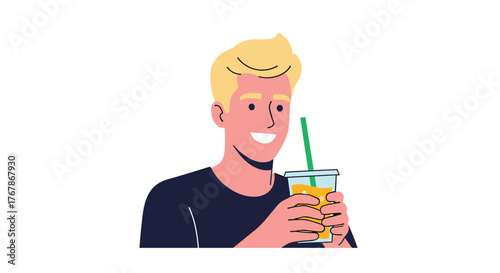 A cheerful blonde man in a dark shirt holds a clear cup of orange juice with a green straw.