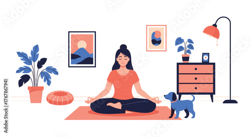 A cartoon illustration of a woman meditating on a yoga mat in her home, with a dog standing nearby, creating a serene and peaceful atmosphere.