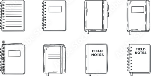 A collection of various notebook designs including spiral and field notes illustrations.