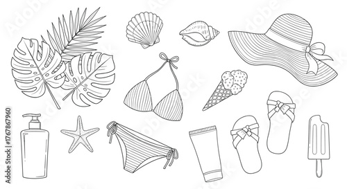 A black-and-white drawing features tropical foliage, seashells, swimwear, beach hat, ice cream, sandals, sunscreen, and a popsicle for a summer theme.