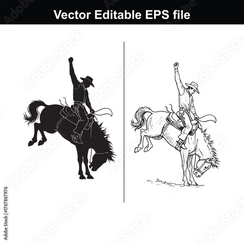 Silhouette and line drawing of a cowboy riding a bucking bronco, capturing the excitement of rodeo