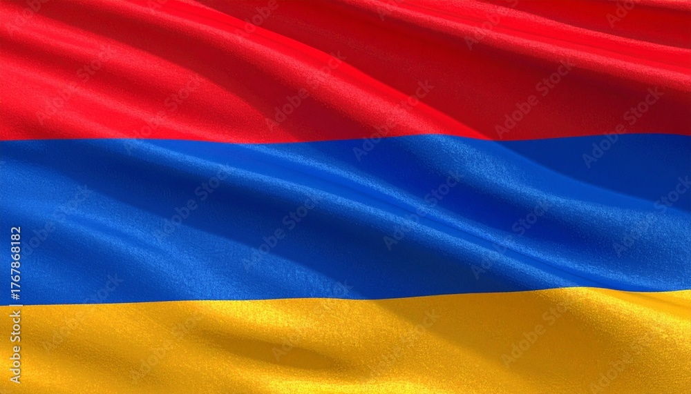 Naklejka premium Armenian flag with red, blue, and orange horizontal stripes shown as realistic fabric with folds and waves, symbolizing national pride.