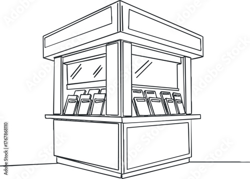 A simple outline illustration of a retail kiosk or booth displaying products for sale.