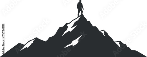 A silhouette of a climber standing triumphantly on top of a mountain peak.
