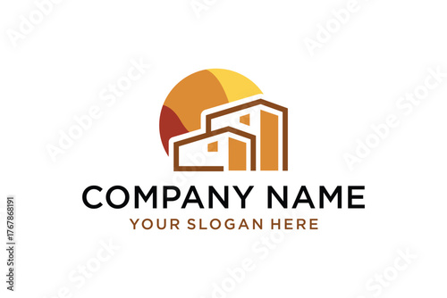 Modern Real Estate Logo with Abstract Buildings and Sun Design