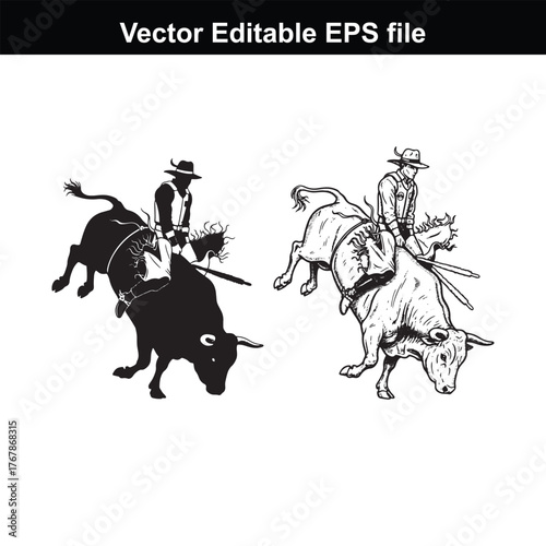 Silhouette and sketch of a cowboy riding a bucking bull