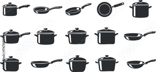 A collection of black silhouette kitchen cookware including pots and pans for cooking.