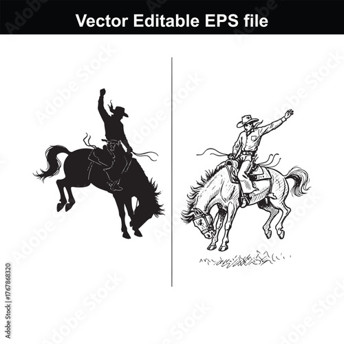 Silhouette and sketch of a cowboy riding a bucking horse