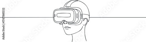 A person wearing virtual reality goggles exploring a digital environment in a futuristic setting.
