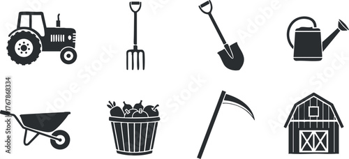 A collection of farming and gardening tools including a tractor wheelbarrow and watering can.