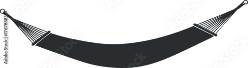 A simple black hammock designed for relaxation and outdoor leisure activities.