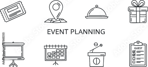 Illustration depicting various elements of event planning including tickets, location, catering, and checklists.