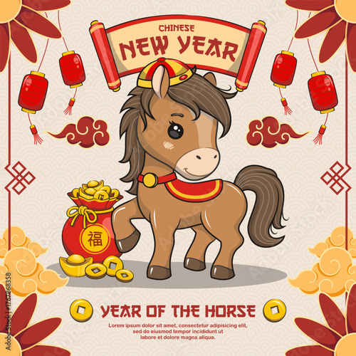 Chinese New Year 2026 With Cute Horse, Year Of The Horse, Vector Cartoon Illustration