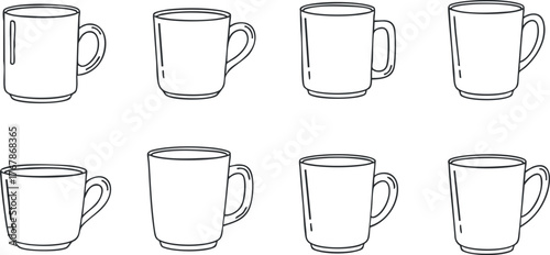 A collection of various mug designs in simple outline style suitable for kitchen or beverage themes.