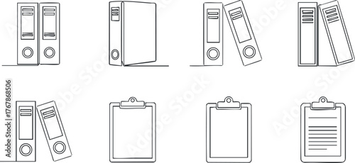 A collection of office supplies including binders clipboards and folders in a minimalist style.