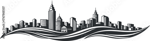 Stylized black and white skyline illustration featuring iconic urban architecture and flowing lines.