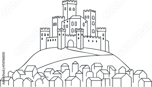 A detailed outline of a medieval castle situated on a hill overlooking a village.