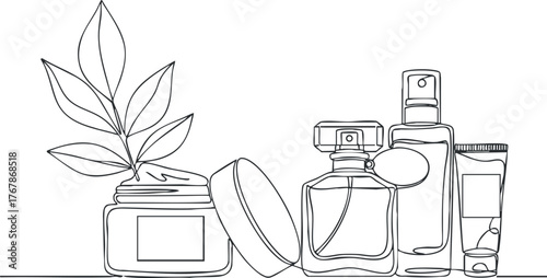 A minimalist line art illustration of beauty products including skincare and perfume bottles.