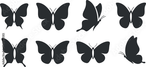 A collection of butterfly silhouettes in various poses and sizes for artistic and decorative use.