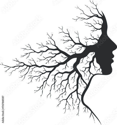A creative silhouette of a woman with branches resembling tree limbs representing growth and nature.